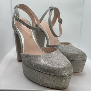 Sparkling Silver Glitter Platform Ankle Strap Block‎ Heels Shoes Size 10M